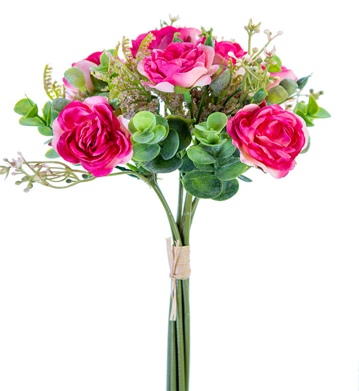 2221029BP | 11" | MINIATURE ROSE/EUCALYPTUS BUNDLE | BRIGHT PINK