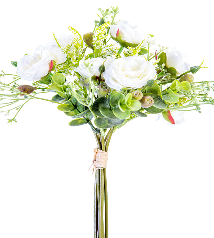2221029CR | 11" | MINIATURE ROSE/ EUCALYPTUS BUNDLE | CREAM - A&B Wholesale Market Inc