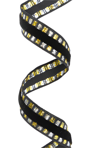 1102W-030-16G | 5/8" | Wired Edge Corsage Ribbon | Black w/Metallic Blocks | 25yd
