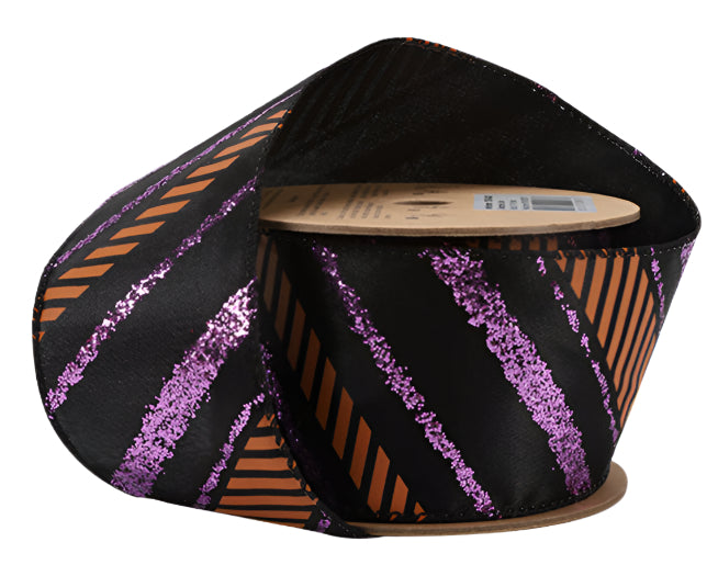 1123W-030-63E | 2.5" | "Glitter Diagonal Stripe" Purple/Black | Wired Ribbon | 10yds