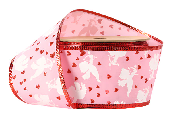 9206W-150-63E | 2.5" | Pink w/ White Cupids/ Red Glitter Hearts | Wired Ribbon | 10Yd