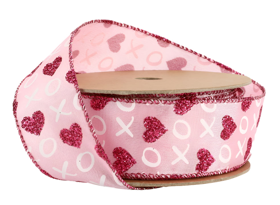 9213W-150-38E | 1.5" | Pink w/ Red Glitter Heart & White XO | Wired Ribbon | 10Yd
