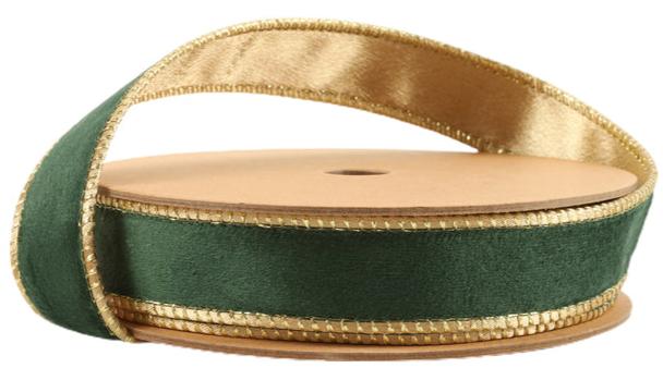 7115W-589-25E | 1" | Reversible Classic Velvet Ribbon | Green/Gold | 10yds - A&B Wholesale Market Inc