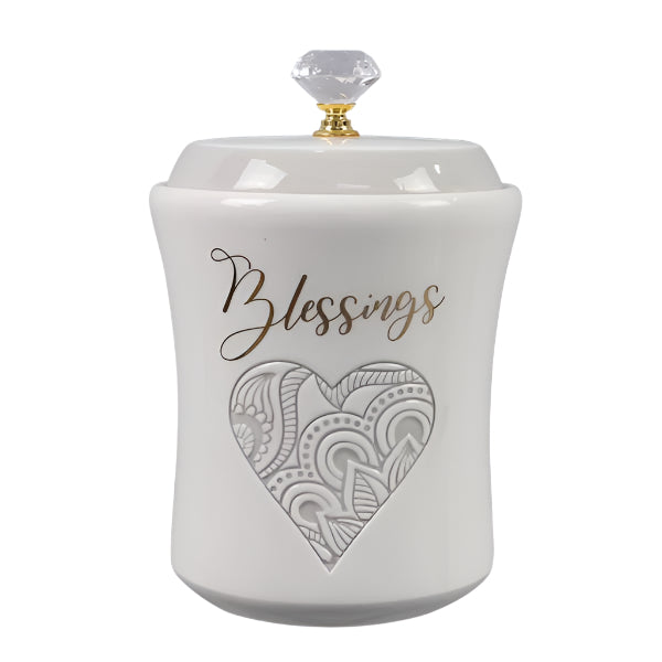 21669 | CERAMIC WEDDING BLESSING JAR W/CRYSTAL KNOB | 40 BEST WISHES CARDS IN ORGANZA BAG