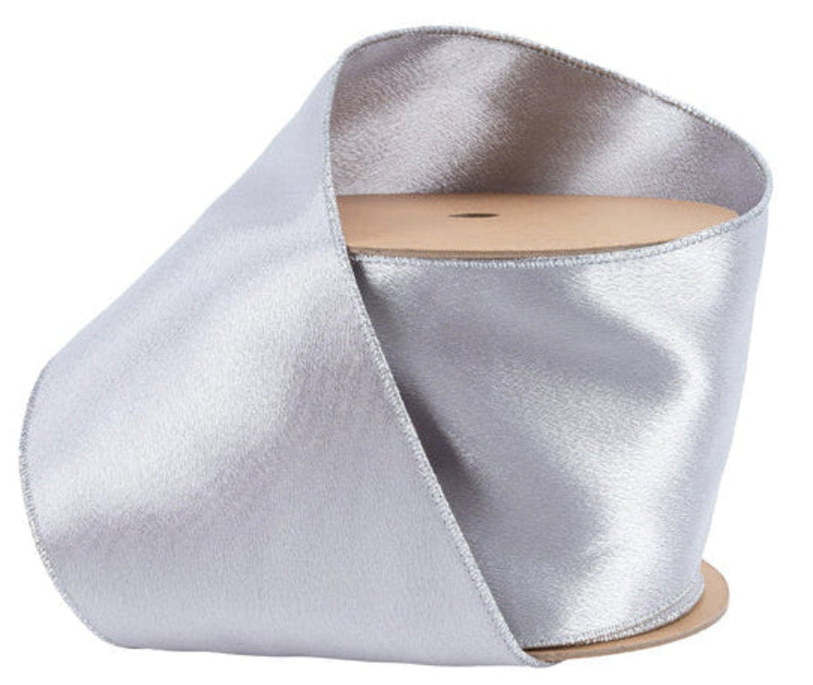 2300W-012-100E | 4" | Shimmer Satin Ribbon | Silver w/Silver Backing | 10yds