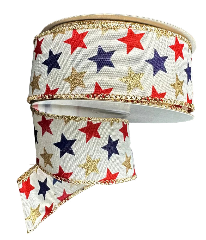 41501-09-14 | 1.5" | IVORY SATIN/NAVY RED GOLD STARS | 10YDS