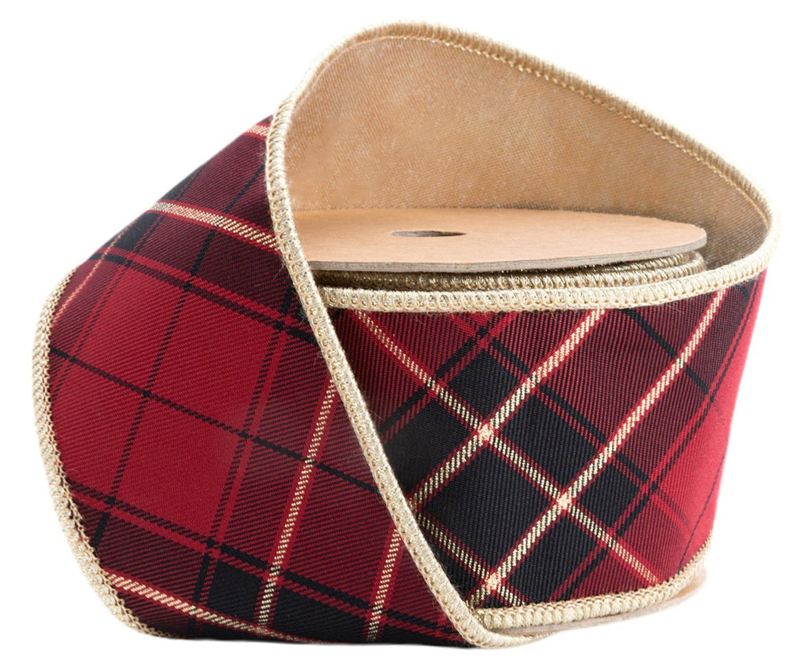 6912W-037-63E | 2.5" | Black/Gold/Red Bias-Plaid w/Gold Dupioni-fused Backing | 10yds