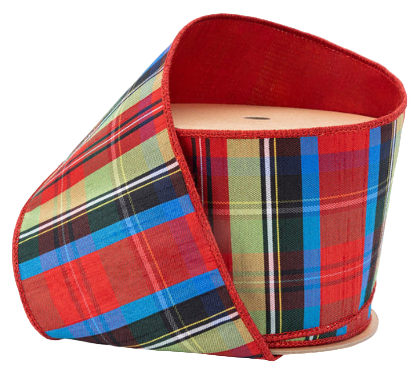 6914W-037-100E | 4" | Black/Lime/Red/Royal Plaid w/Red Dupioni-fused Backing | 10yds