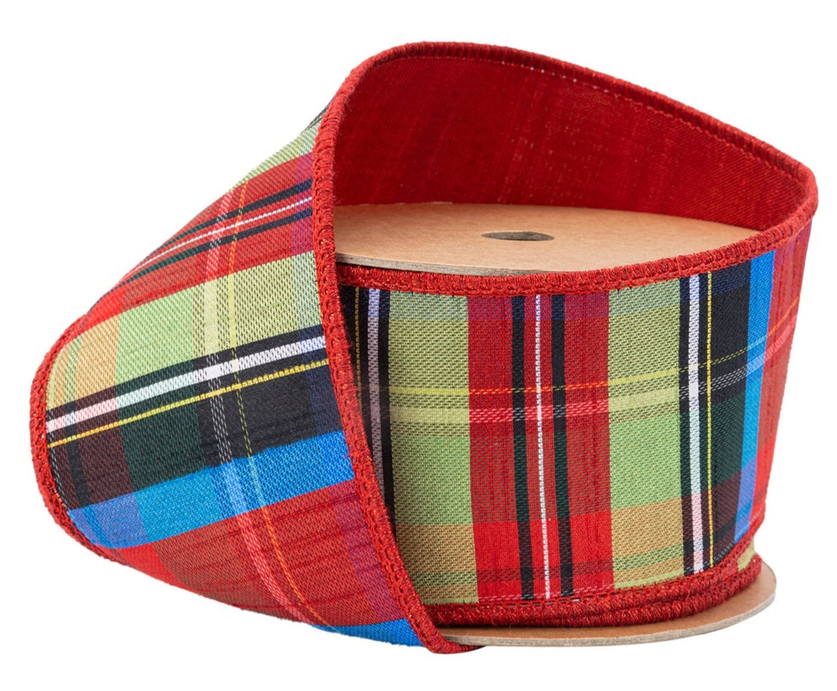 6914W-037-63E | 2.5" | Black/Lime/Red/Royal Plaid w/Red Dupioni-fused Backing | 10yds