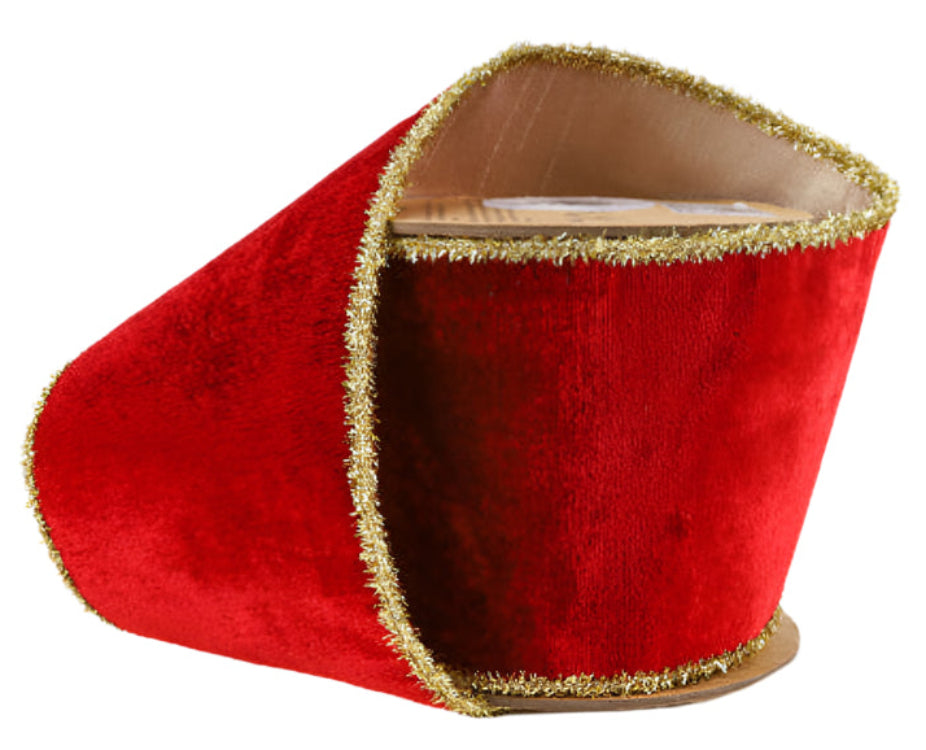 7012W-250-100C | 4" | Velvet Ribbon | Red w/Gold Tinsel Edge & Metallic Gold Backing | 5yds
