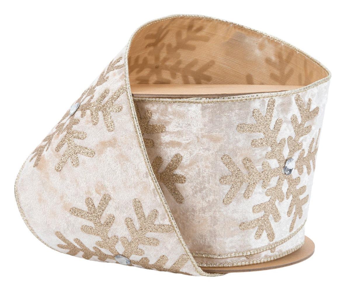 7017W-811-100E | 4" | Velvet Glitter Snowflake w/Jewel | Champagne | 10yds