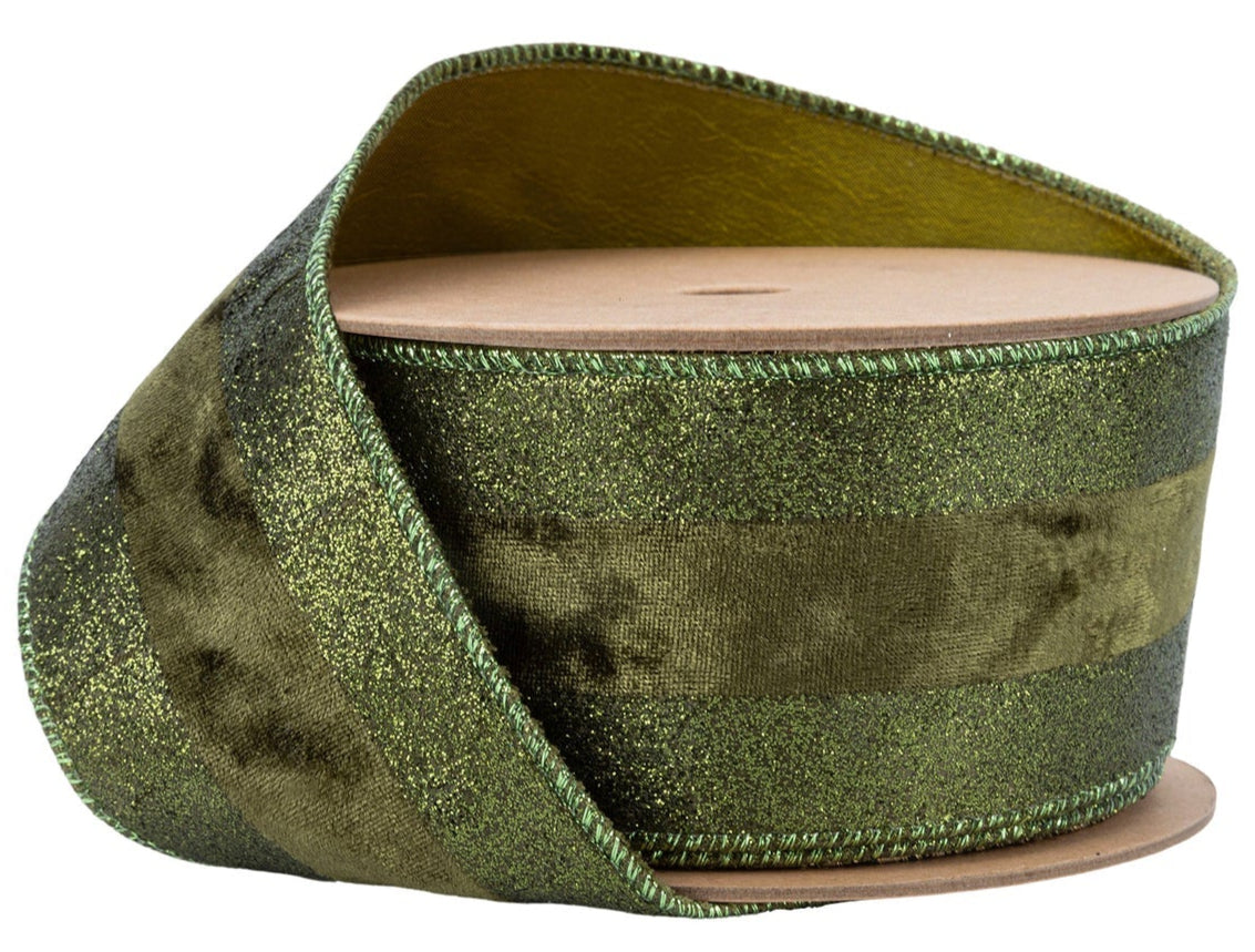 7116W-593-63E | 2.5" | Dark Moss Green Glitter w/Dark Moss Green Velvet Stripe | 10yds