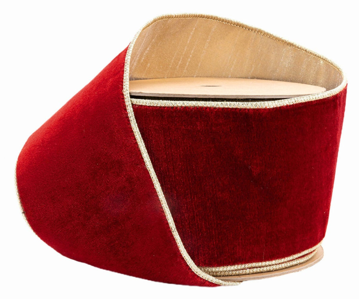 7416W-260-100E | 4" | Premium Velvet Ribbon | Red w/Gold Metallic Backing | 10yds