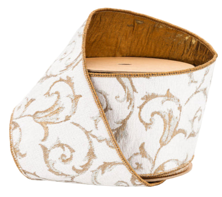 9116W-810-100E | 4" | Jacquard Ribbon | Metallic Scroll on Ivory w/Gold Metallic Dupioni-fused Backing | 10yd