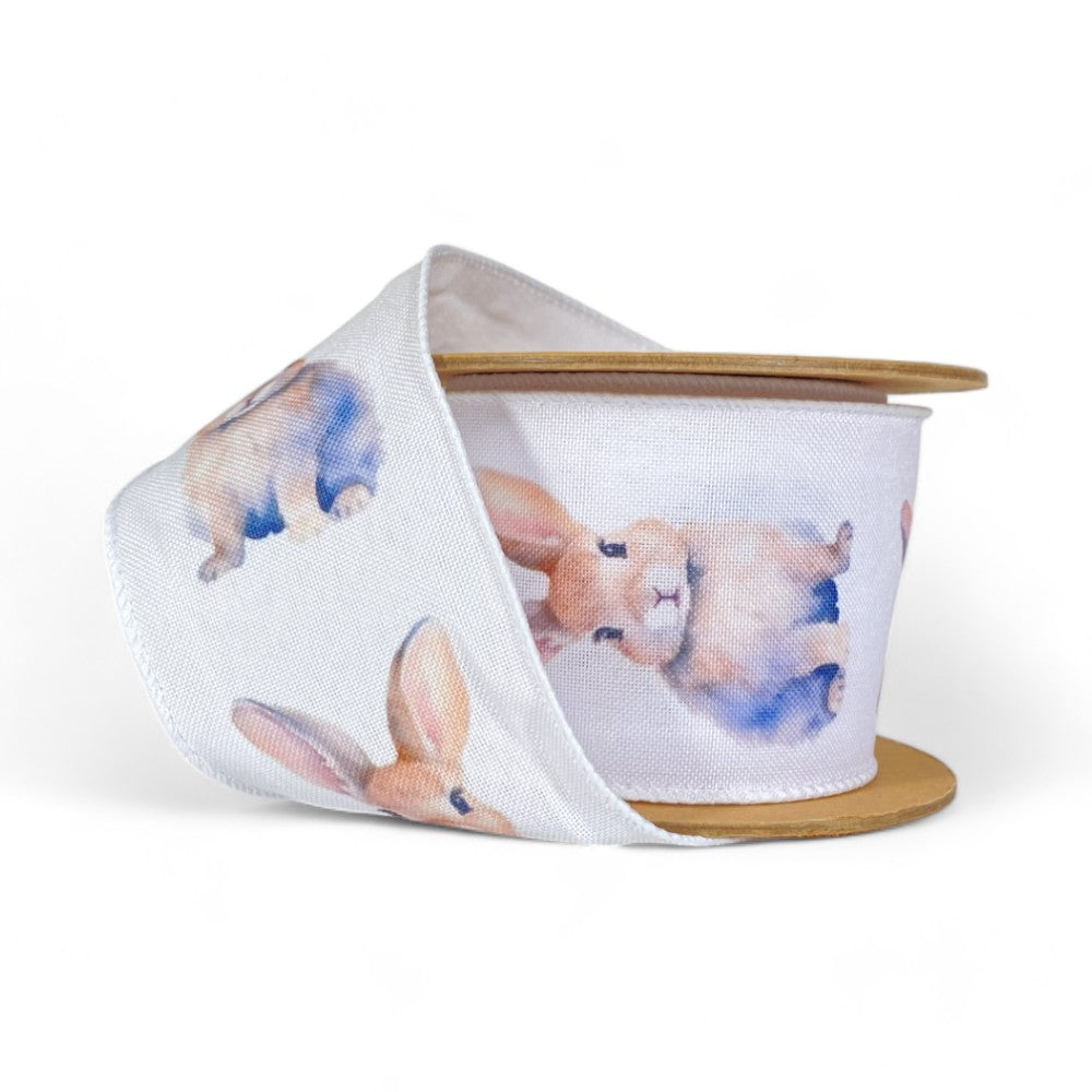 9325W-029-63E | 2.5" | Bunny on White | Wired Printed Ribbon | 10 Yard Roll