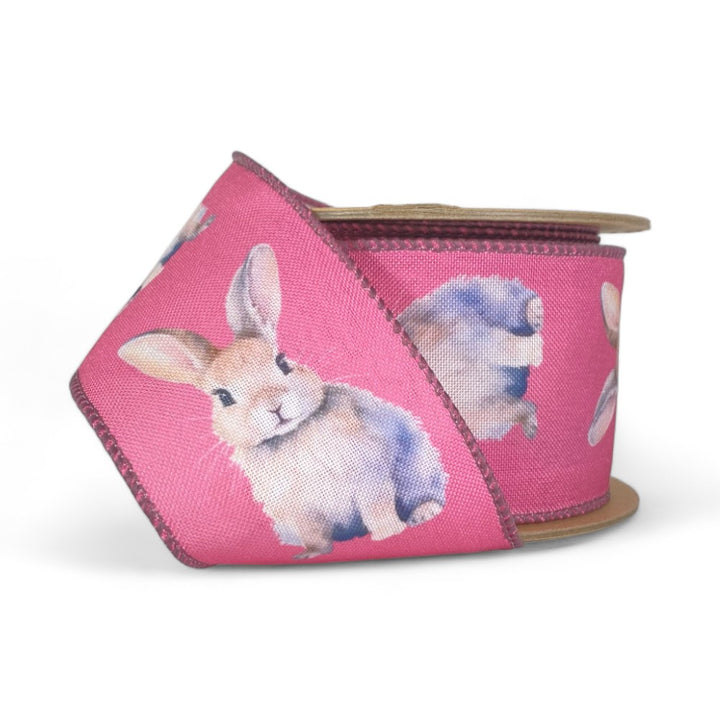 9325W-156-63E | 2.5" | Bunny on Hot Pink | Wired Printed Ribbon | 10 Yard Roll