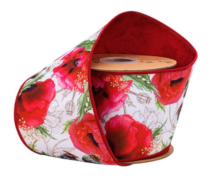 9336W-250-100E | 4" | Dupioni Poppies on White w/Red Backing | 10yds
