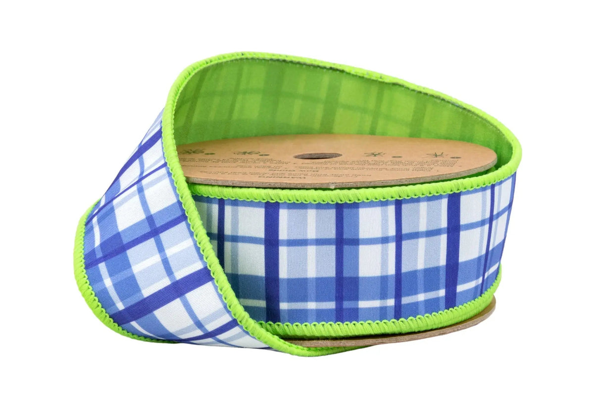 9378W-552-38E | 1.5" | Blue and White Plaid Dupioni w/Lime Green Backing | 10yds