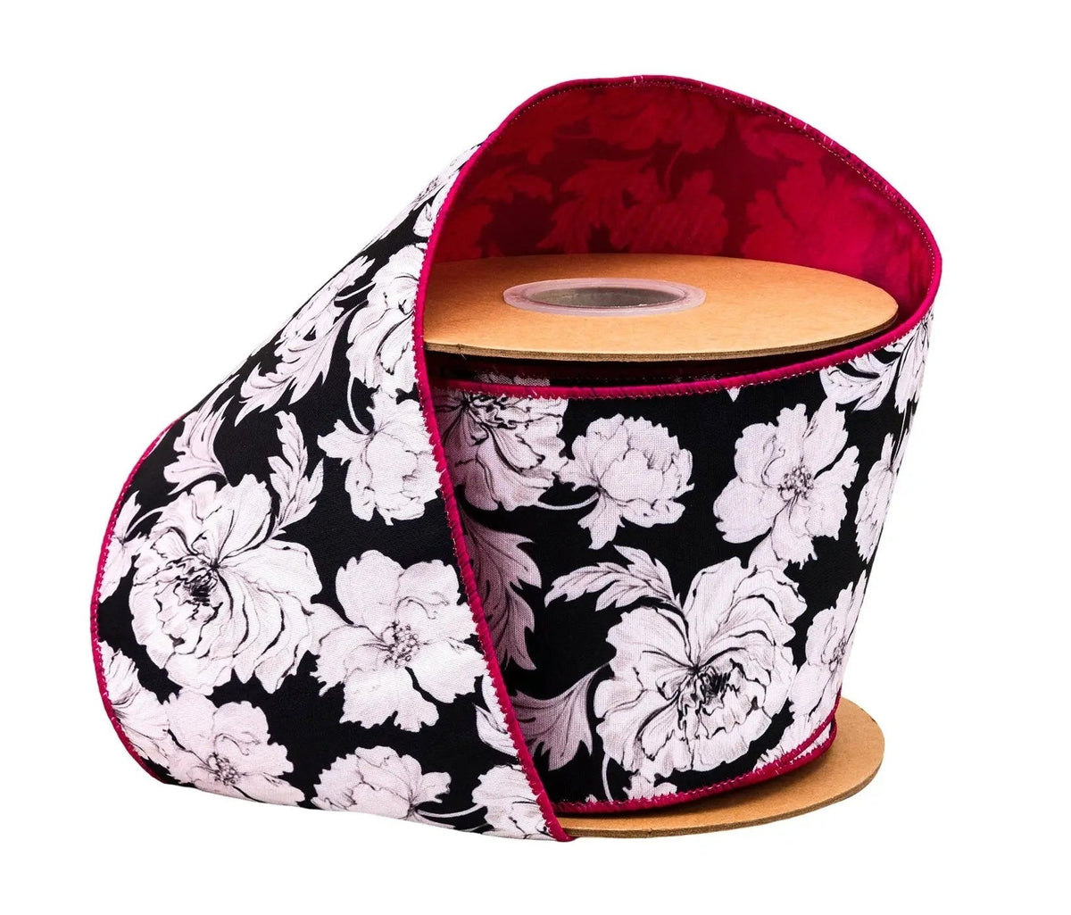 9392W-031-100E | 4" | Black/White Floral Dupioni w/Pink Backing | 10yds