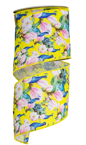 94342W-079-10F | 4" | Peacock Floral Print | Wired Edge | Yellow | 10yd
