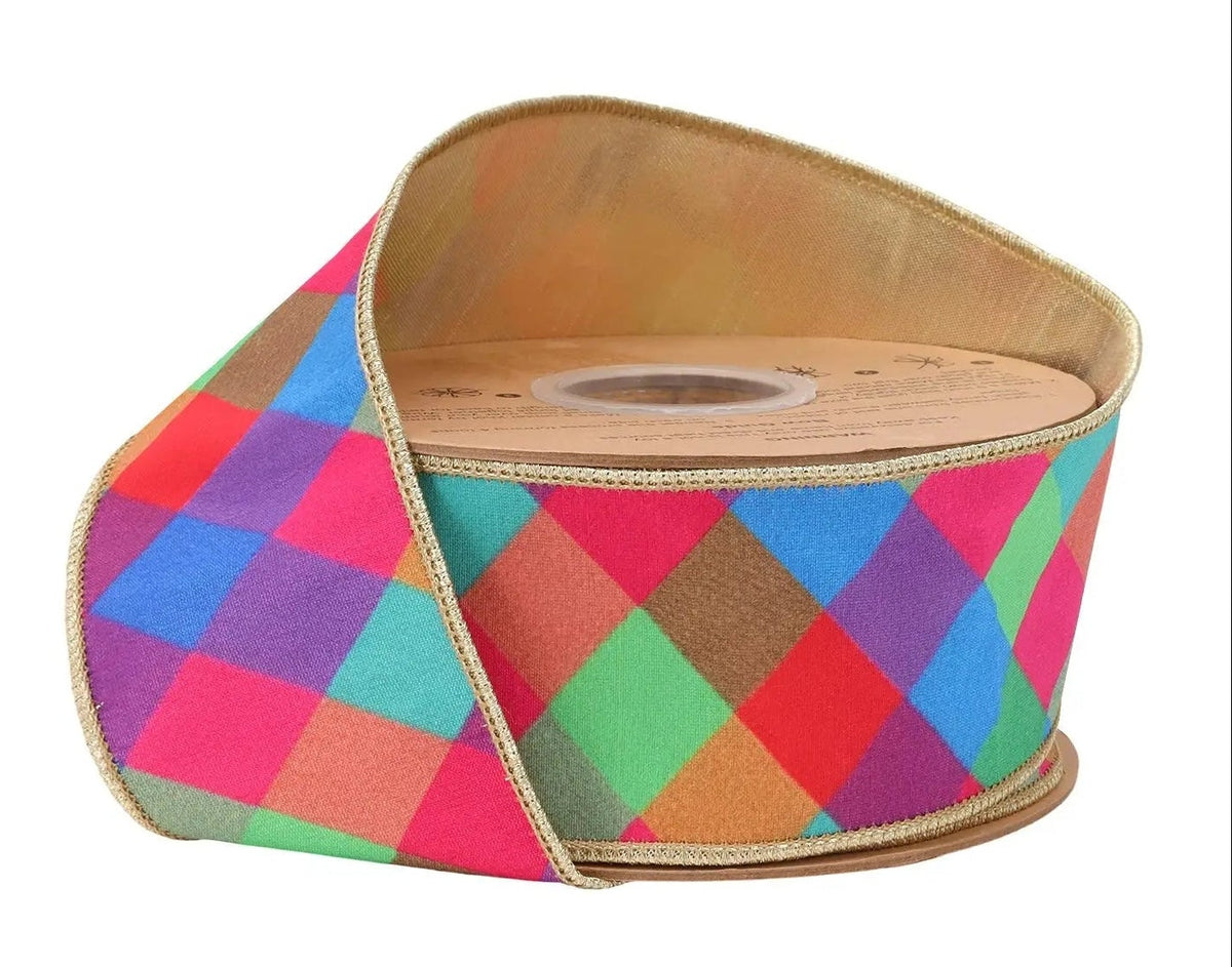 9855W-023-63E | 2.5" | Dupioni Multi Jewel Tone Plaid w/Gold Fused Dupioni Backing | 10yds