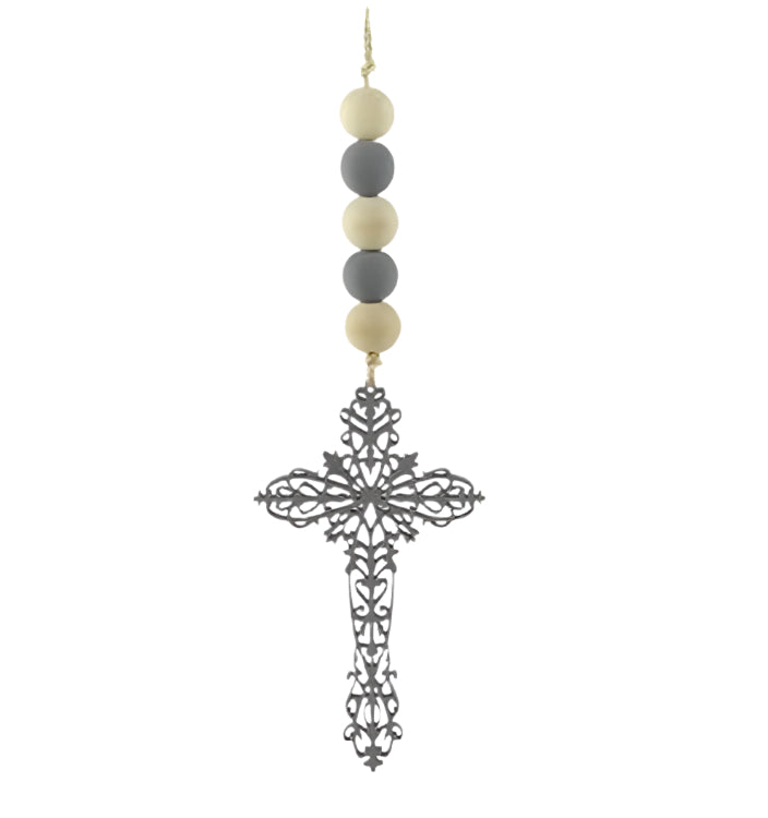 AW969310 | Wood Bead w/Cross Ornament | Grey/Cream