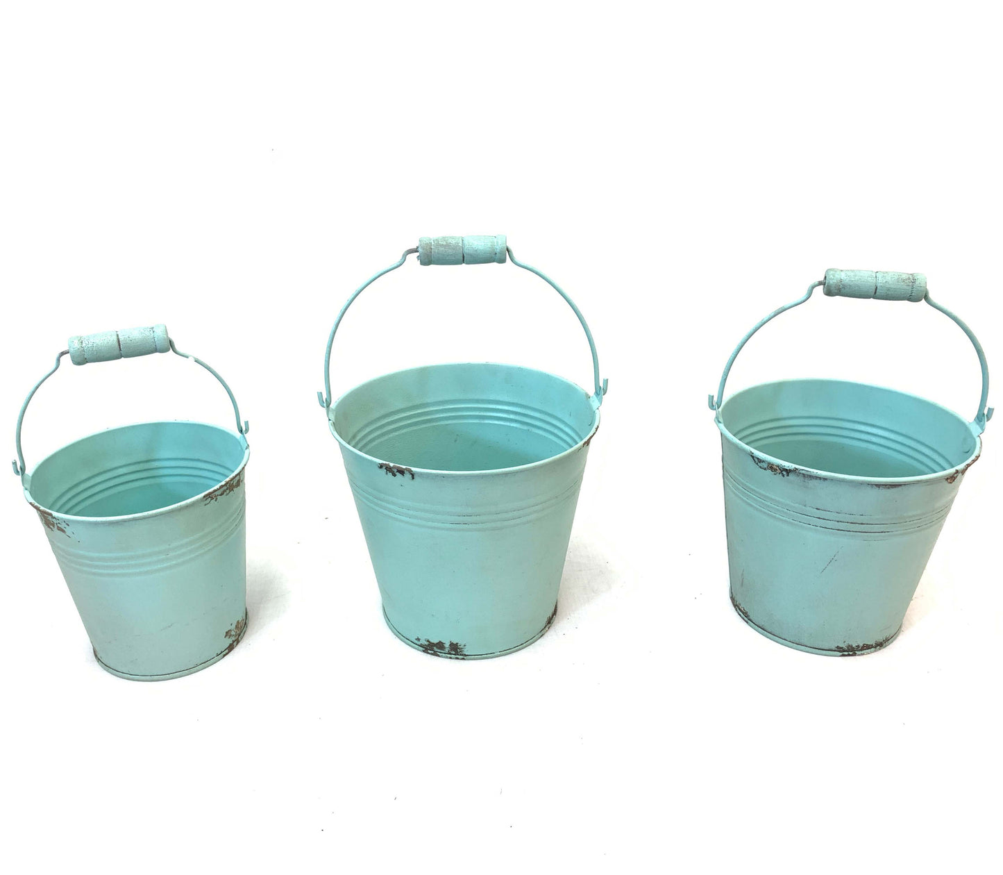 KK2037AQ-3 | Distressed Aqua Pail w/Wood Handle | 3Pcs/Set
