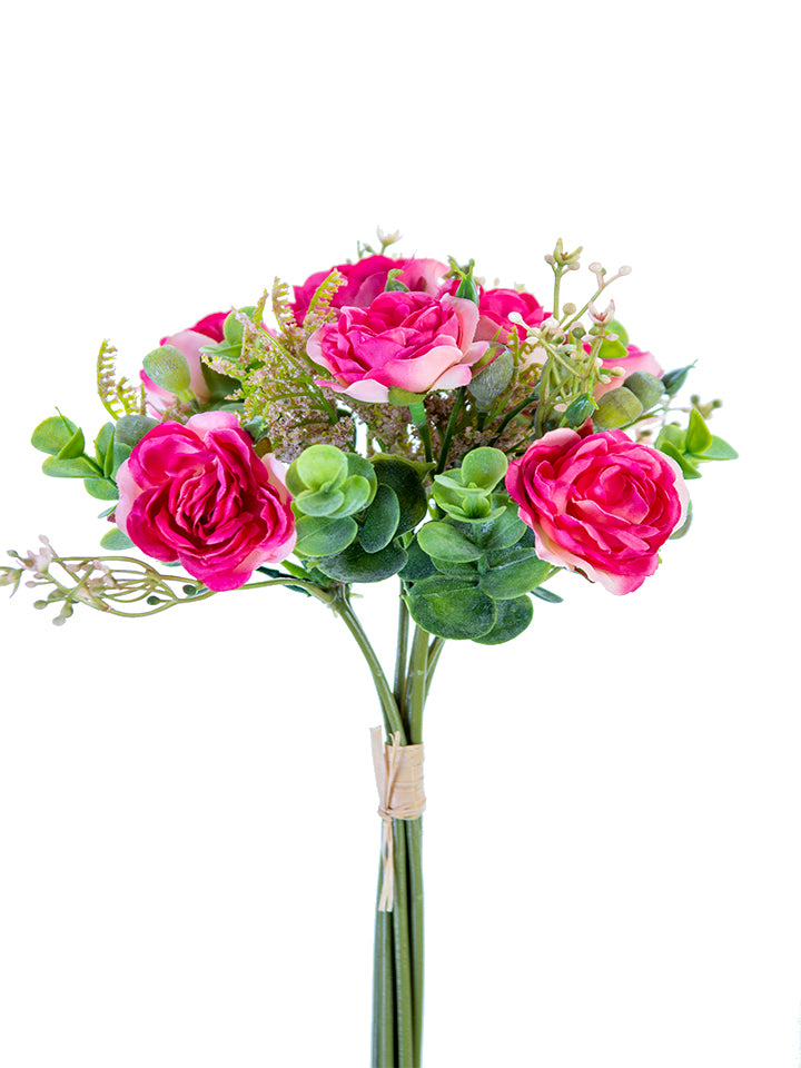 2221029BP 11" MINIATURE ROSE/EUCALYPTUS BUNDLE- BRIGHT PINK