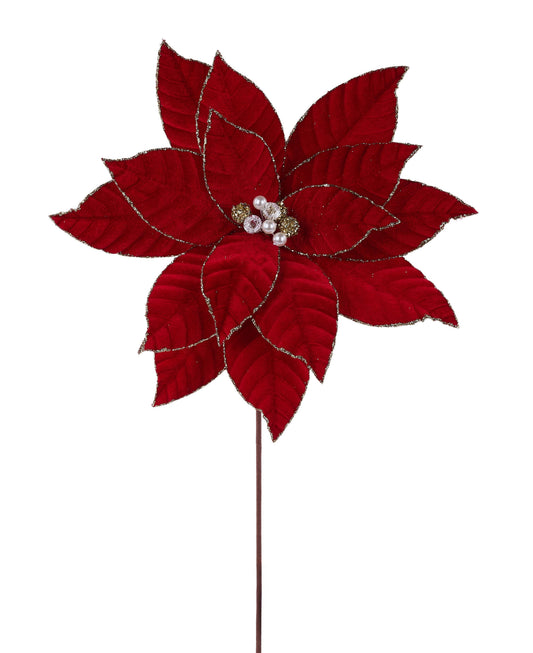 XS429740 | 23"L x 14"Dia | Velvet/Glitter Poinsettia | Red/Gold