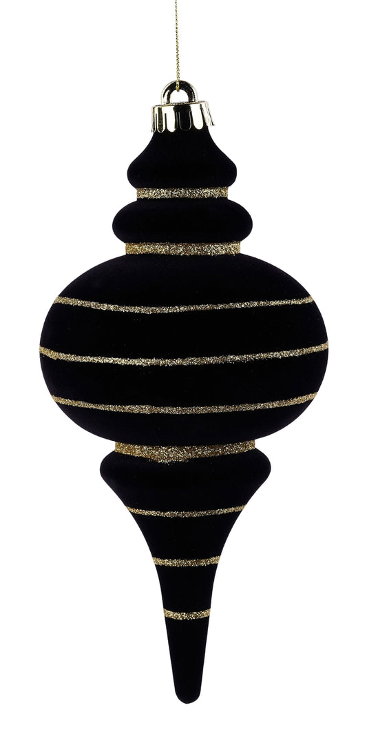 XJ7704RM | 9.75"L x 4.75"Dia | Flocked Finial Orn | Black/Gold