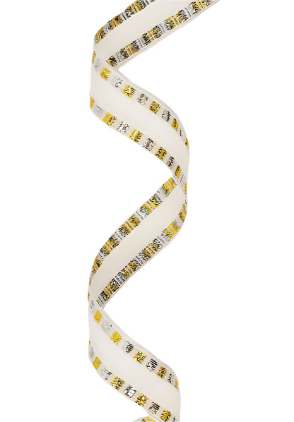 1102W-810-16G | 5/8" | Wired Edge Corsage Ribbon | Ivory w/Metallic Blocks | 25yd