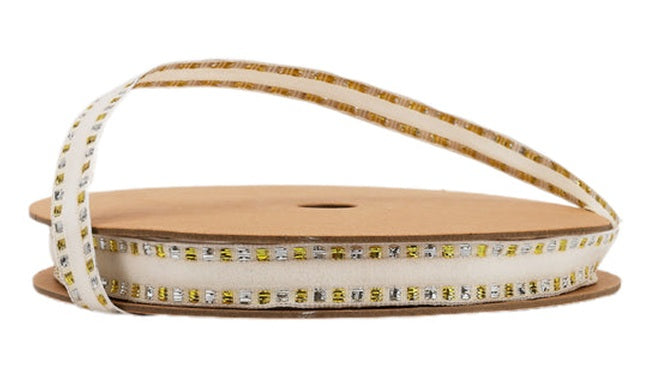 1102W-810-16G | 5/8" | Wired Edge Corsage Ribbon | Ivory w/Metallic Blocks | 25yd