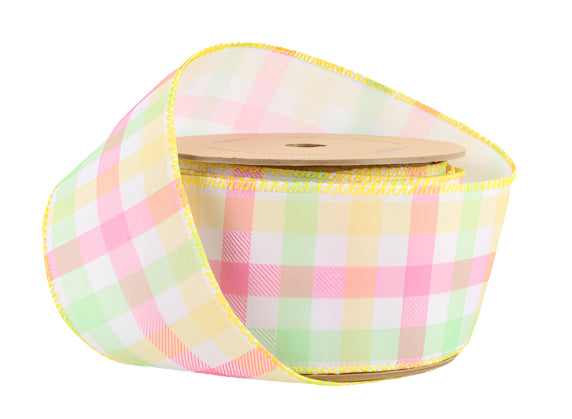 5501W-003-63E | 2.5" | Wired Ribbon | White w/ Pastel Plaid Green/Yellow/Pink | 10yd