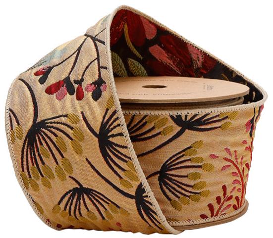 6500W-580-63E | 2.5" | Forest Pale Gold/Black | Reversible Floral Tapestry Wired Ribbon | 10YD