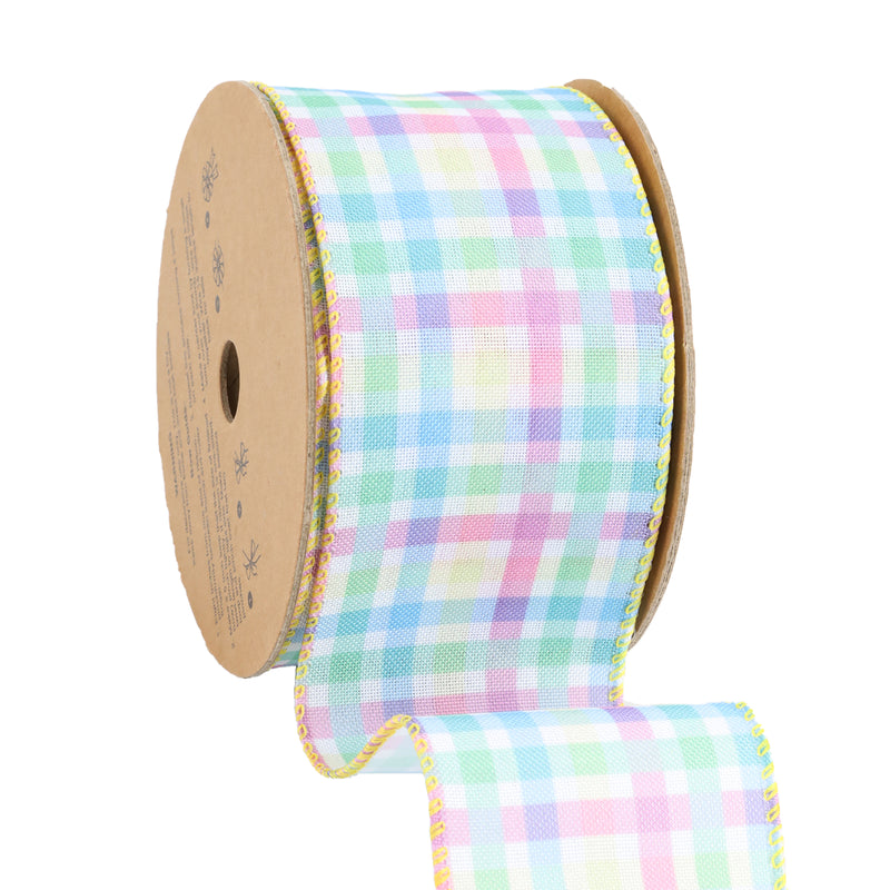 9308W-003-63E | 2.5" | Wired Ribbon | White w/ Bright Plaid Green/Blue/Yellow/Pink | 10yd