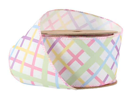9300W-003-63E | 2.5" | Wired Ribbon | White w/ Pastel Bias Plaid | 10yd
