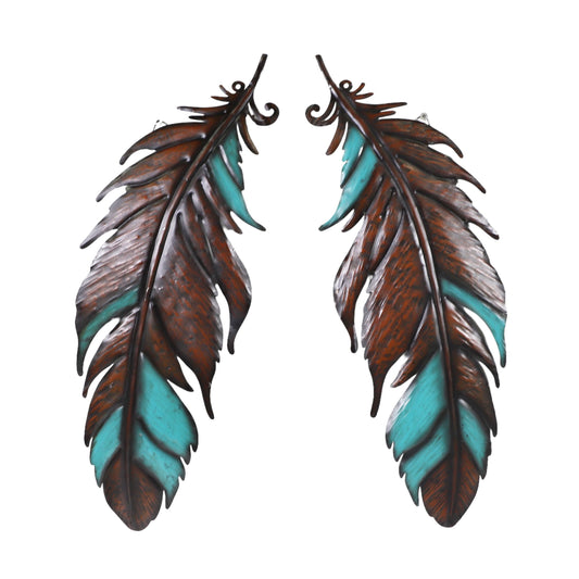 14846 METAL FEATHERS TEAL/BROWN SET OF 2 CURVED 6.75"X1"X20"