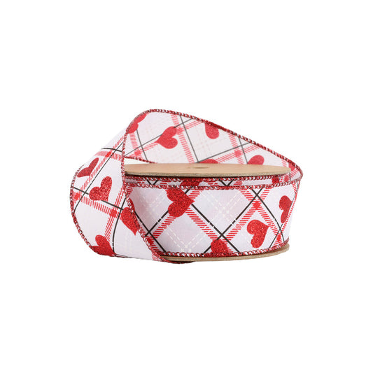 9212W-033-38E | 1.5" | Wired Ribbon | White w/ Red Glitter Heart on Bias Plaid | 10Yd