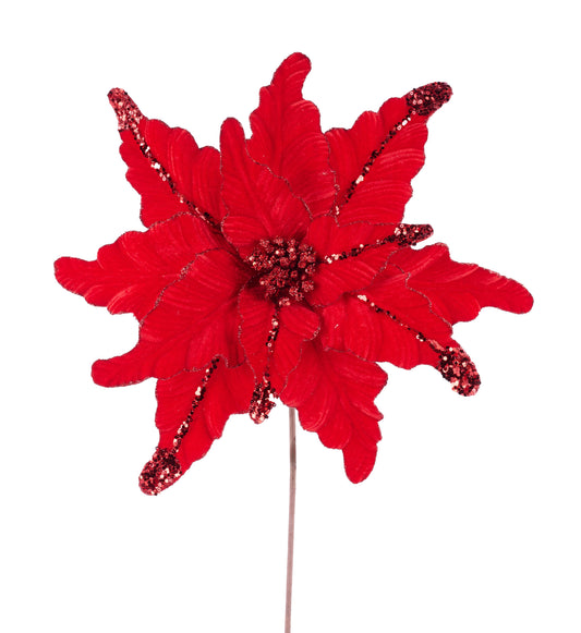 XS411924 | 20"L | Velvet/Glitter Poinsettia Stem | Red
