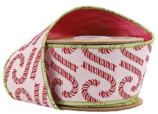 6507W-151-63C | 2.5" | Candy Cane on Pink w/ Dupioni Back Wired | Jacquard Ribbon | 5yd