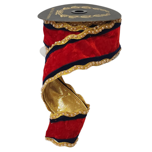 ED-1JME-WN25-191-RED-2.5 | 2.5" | BEADED EDGE METALLIC DUPION FUSED RED VELVET/NAVY TRIMMED | 10YDS