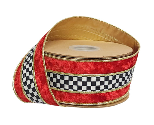 9825W-250-100E | 2.5" | Velvet Black/White Check w/Red Banded Velvet & Gold Backing | 10yds