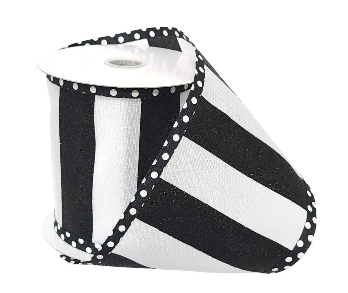 76550-04-20 | 4" | BLK GLITTER WIDE STRIPE ON WHITE SATIN W/BLK-WHITE DOT EDGE | 10YDS