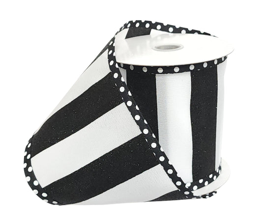 76550-04-20 | 4" | BLK GLITTER WIDE STRIPE ON WHITE SATIN W/BLK-WHITE DOT EDGE | 10YDS