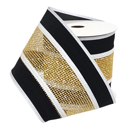 76576-04-21 | 4" | GLITTER GOLD NET ON BLACK VELVER W/WHITE EDGE | 10YDS
