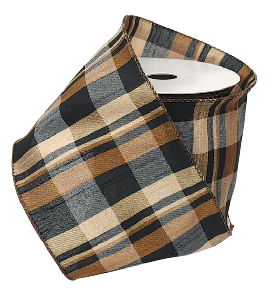73580-04-38 | 4" | BROWN-TAN-BLK FAUX DUPIONI PLAID | 10YDS