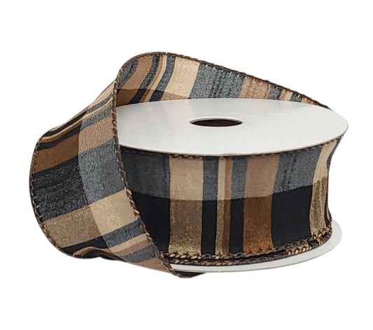 73580-09-38 | 1.5" | BROWN-TAN-BLK FAUX DUPIONI PLAID | 10YDS