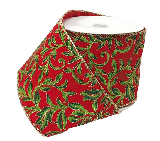 72555-04-12 | 4" | RED VELVET W/HUNTER GREEN VINE SWIRLS | 10YDS