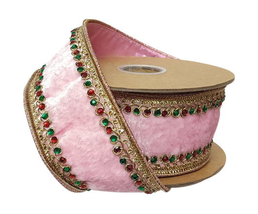 6936W-117-63C | 2.5" | Velvet Pink Double-Sided Beaded Trim w/Metallic Dupioni Fused Backing | 5yds