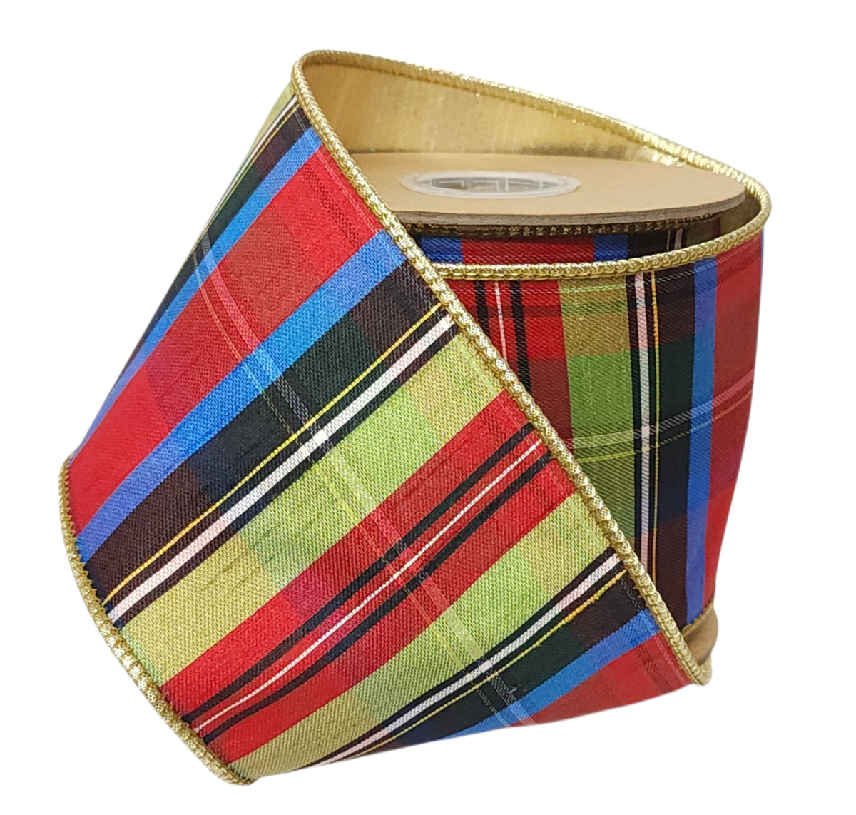 6913W-037-100E | 4" | Black/Lime/Red/Royal Plaid w/Gold Dupioni-fused Backing | 10yds